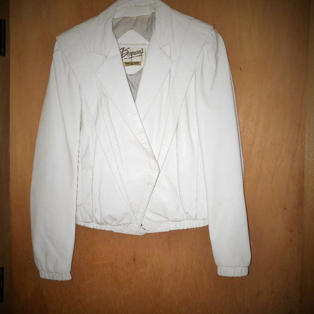 Vintage White Leather Jacket Berman’s 1980’s Ladies Size 12 Punk Rock Biker